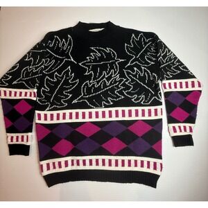 Vintage Cabin Creek Sweater Womens Medium‎ Black Leaf Argyle Knit Pullover